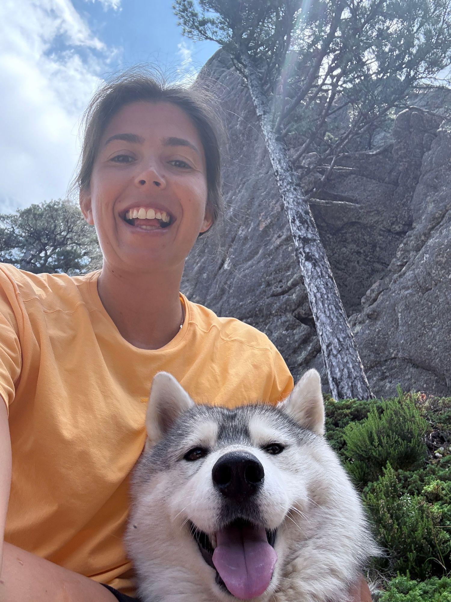 femme avec son husky à l'ombre sous les pins en corse