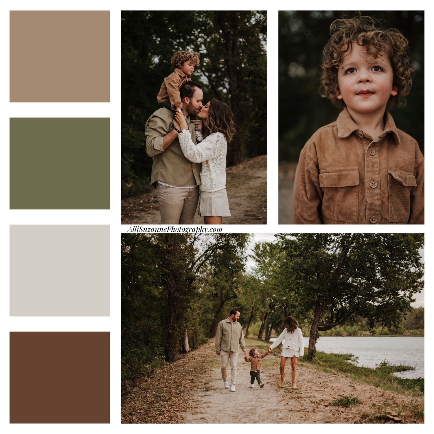Earth tone color palette featuring taupe, sage green, off-white and chocolate brown swatches with candid outdoor family photos.
