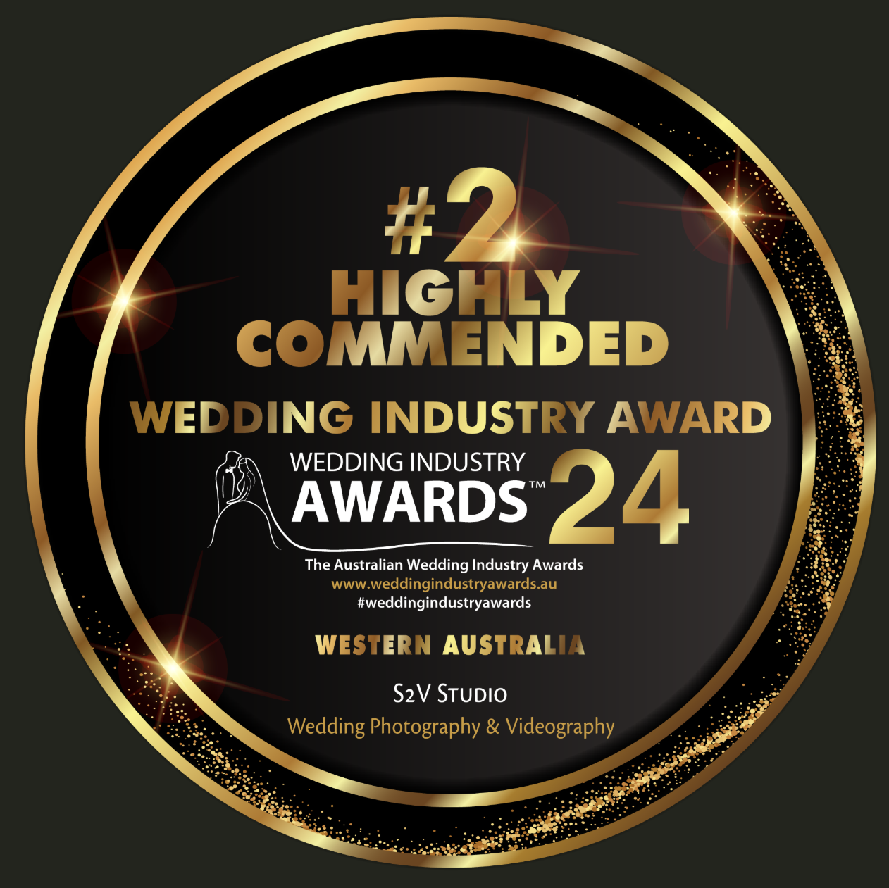 Golden award badges with Wedding Industry Awards text displayed in black and gold elegant oval designs.
