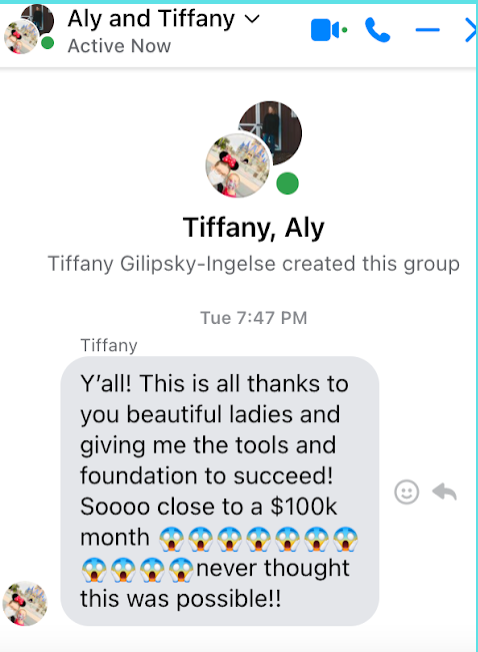 Screenshot of a messenger chat showing excitement about reaching close to $100k in monthly earnings with rainbow emojis.