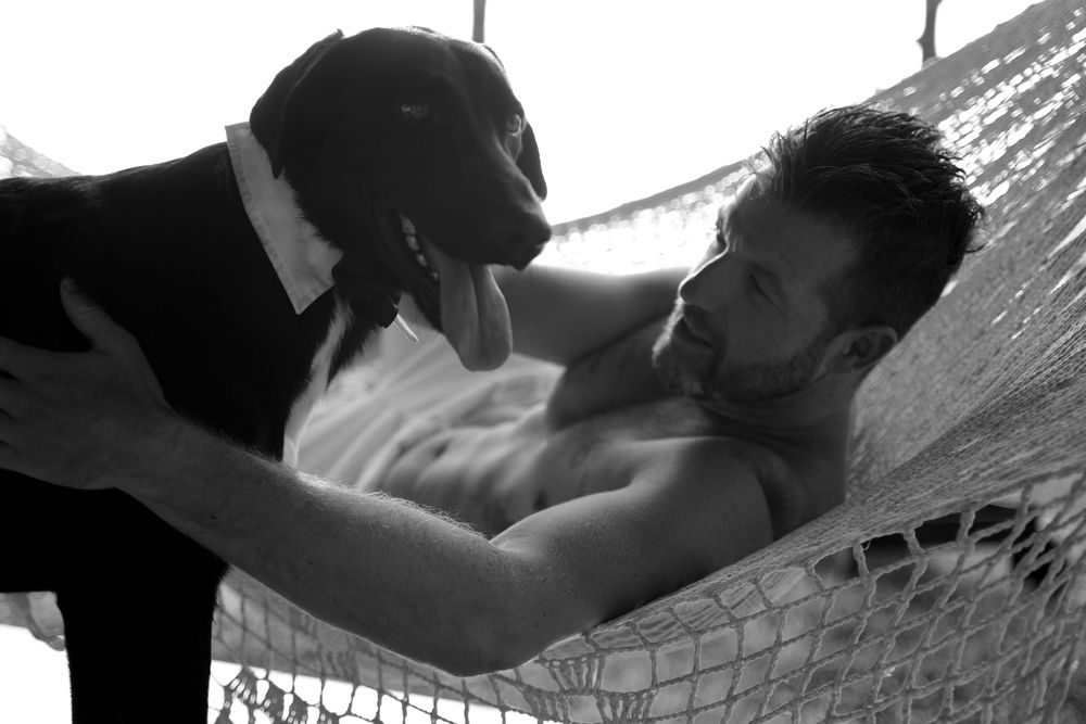 A black dog and person share a tender moment while relaxing together in a hammock.