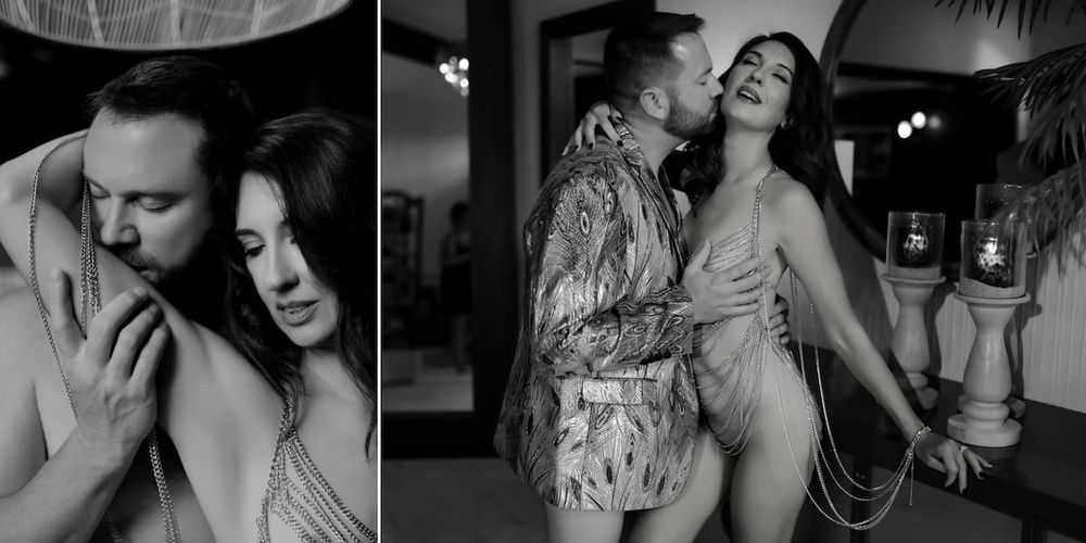 A black and white artistic diptych showing intimate couple portraits in candid emotional moments.