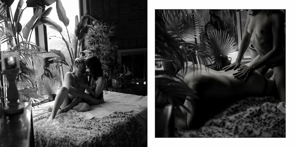Two artistic black and white photographs capturing intimate moments in darkly lit home settings.