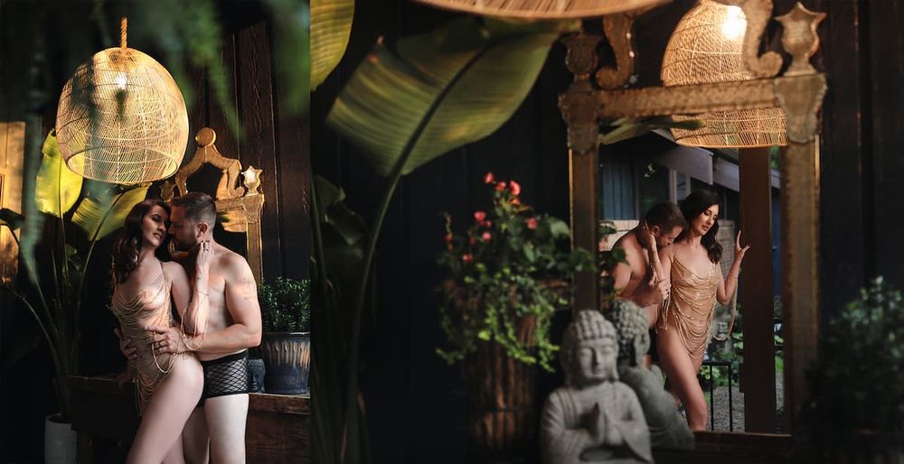 Couples relaxing in luxurious spa setting with decorative lanterns and tropical decor.