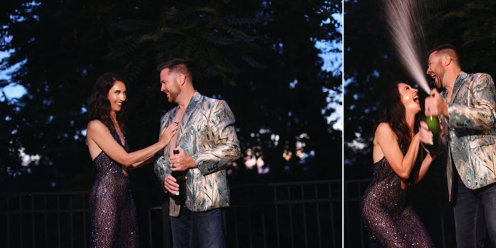 Dancers in elegant attire perform together outdoors during a twilight gathering.