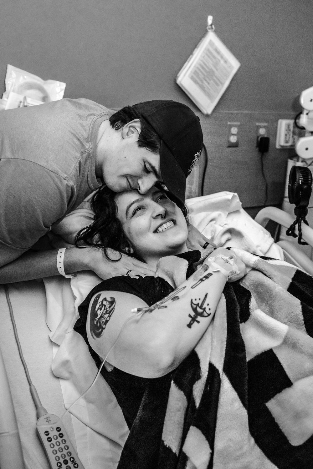 Black and white images showing medical monitoring and care in a hospital setting.