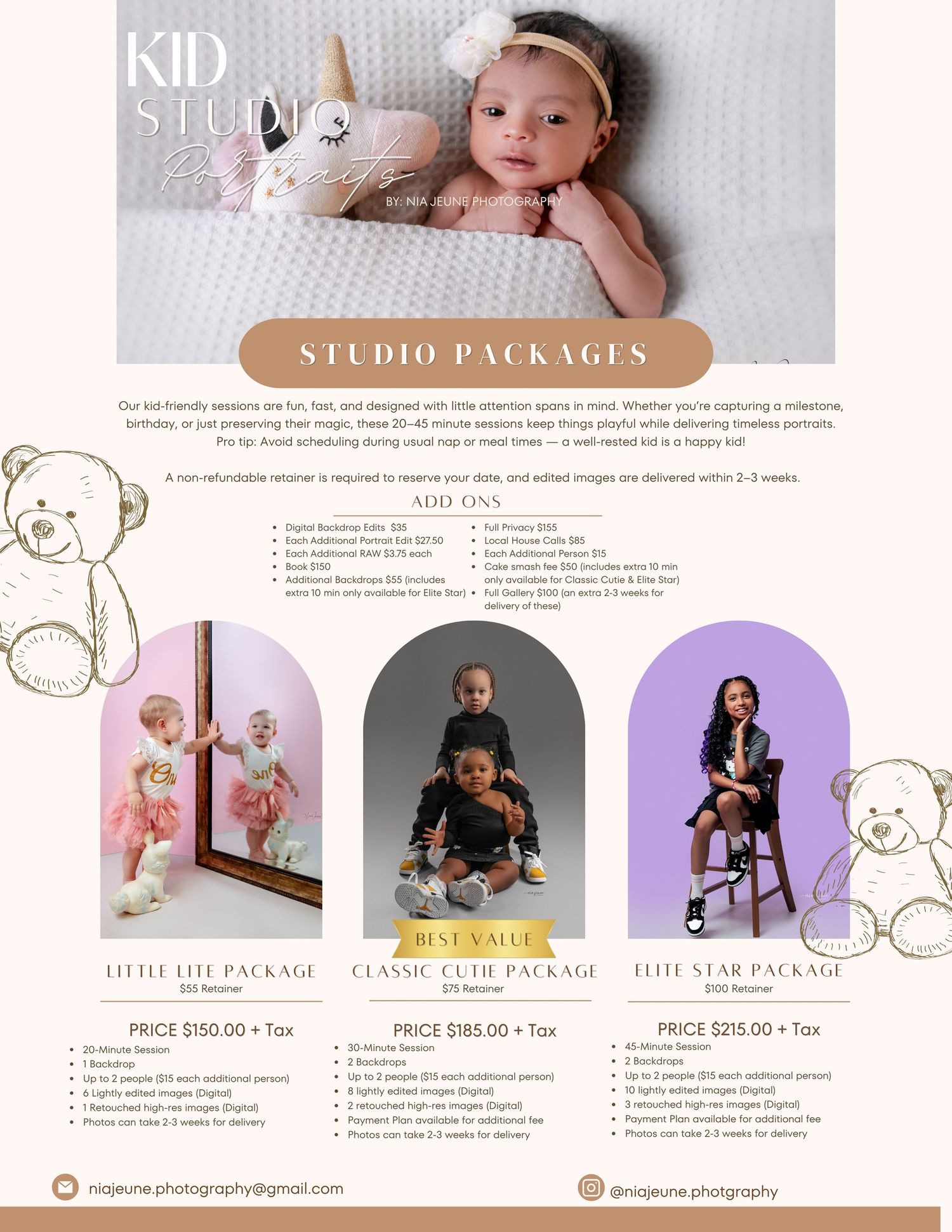 A photography studio pricing guide template design featuring newborn and baby session packages with soft pastel colors.