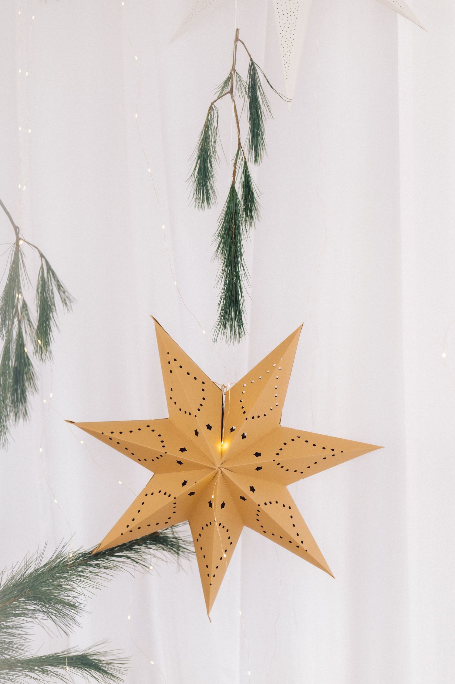 Gold decorative paper star ornament with intricate perforated design hangs against white background with pine branches.