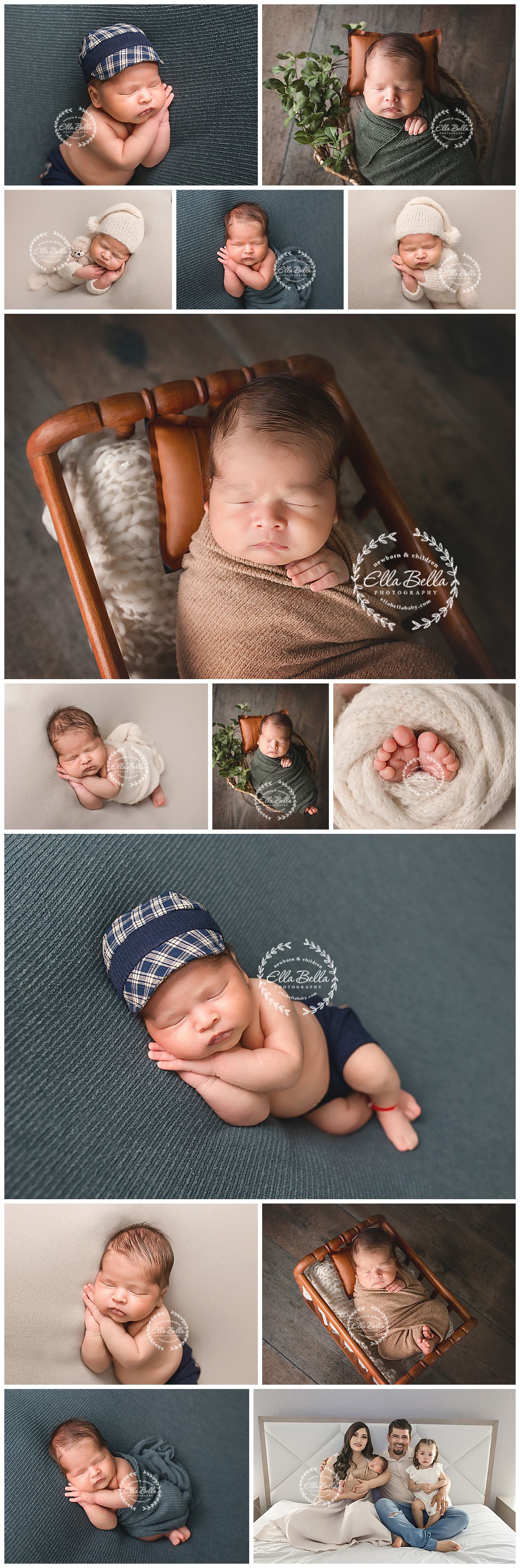 Newborn baby boy posed in multiple professional photography setups with plaid hat, wrapped in blankets, and family portrait.