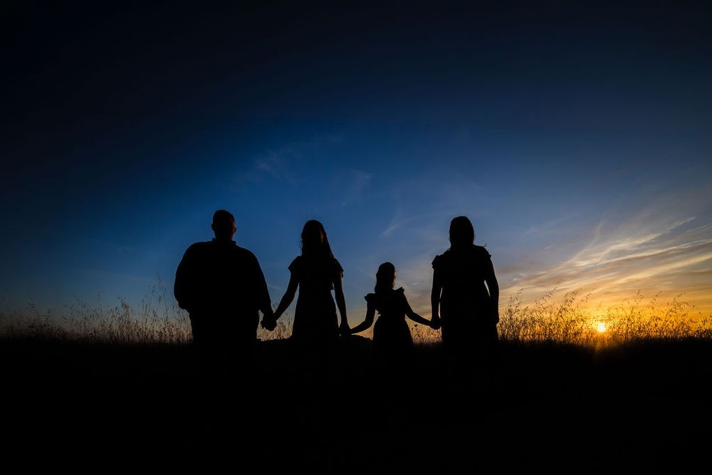 Silhouette of a family holding hands at sunset with a golden sky and blue horizon in an open field.