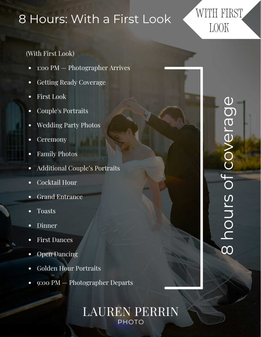 Lauren Perrin Photo wedding photography package flyer showing 8 hours of coverage with first look, featuring couple portrait.