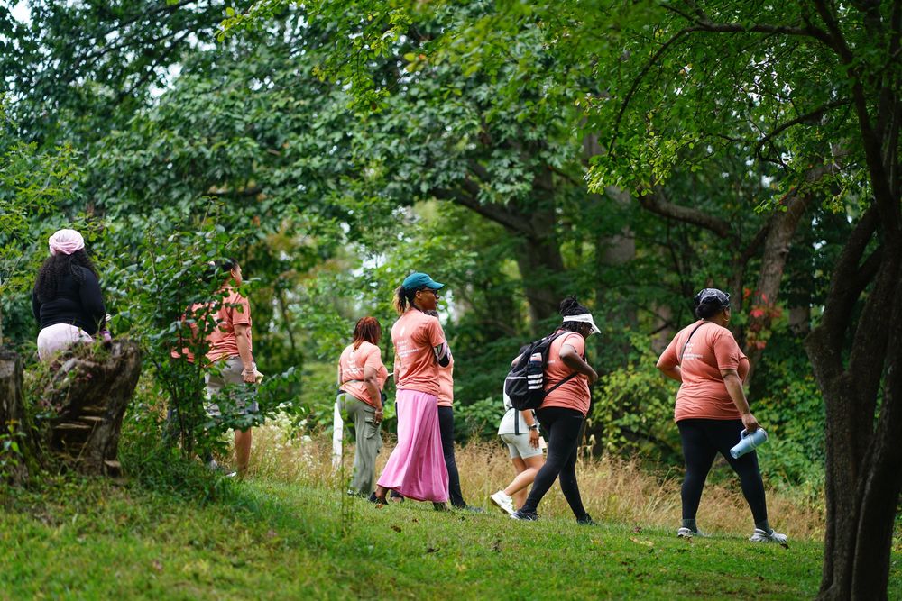 Group of people walking on a grassy trail surrounded by lush green trees during a summer outdoor event.
