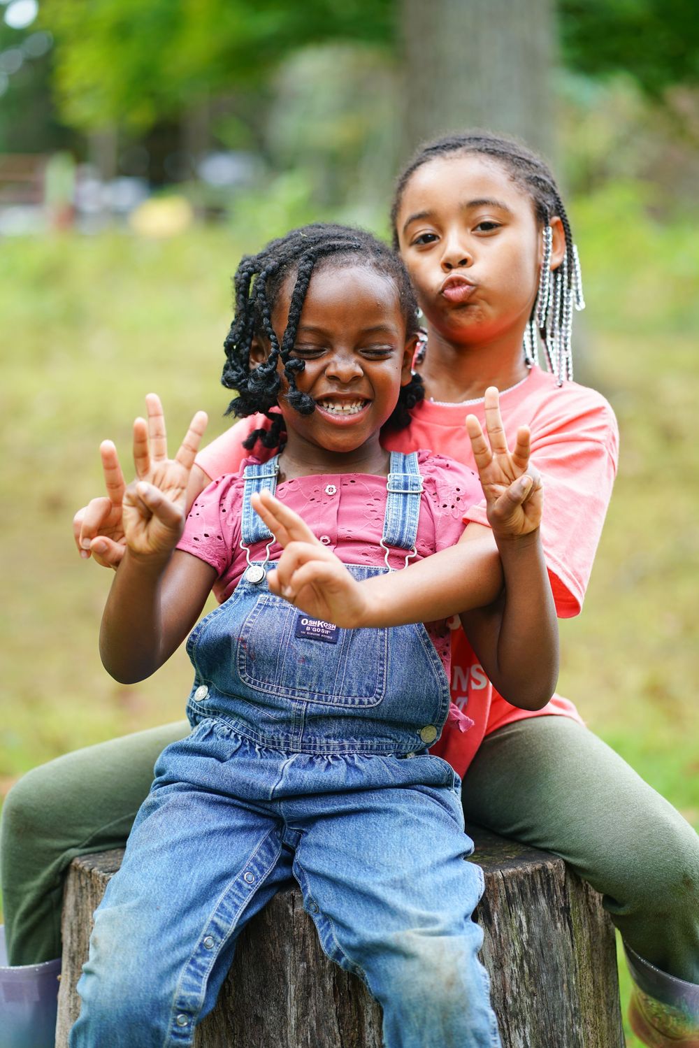 Two young Black girls make peace signs and funny faces while sitting on a tree stump outdoors.