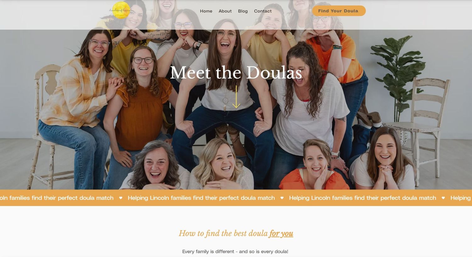 Group of smiling doulas posing together on a website header with the text Meet the Doulas.