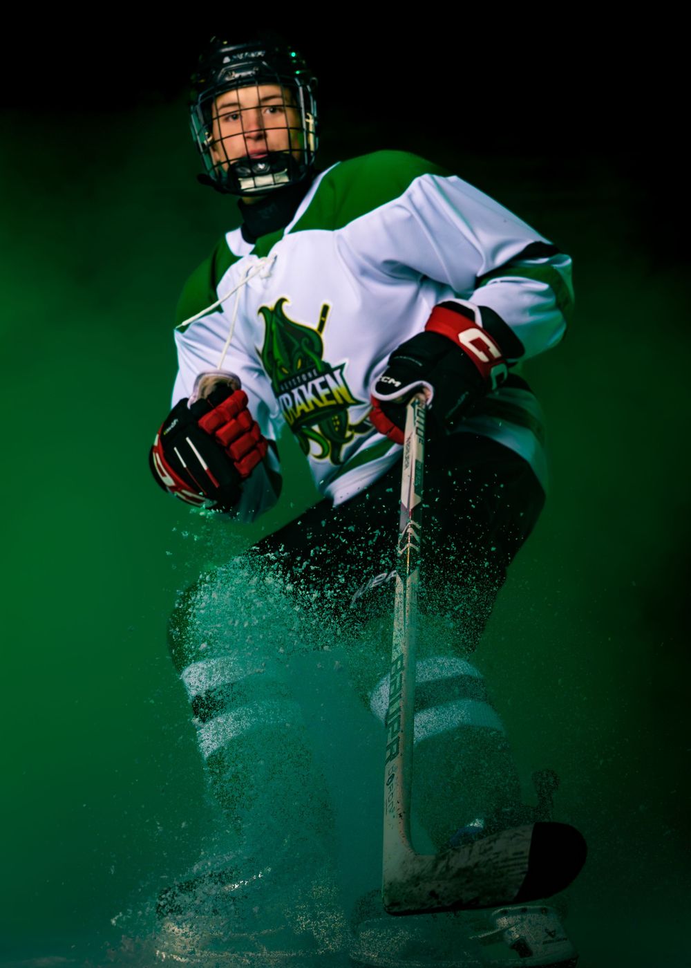Keystone Kraken hockey player media day portrait in full gear, by Deanna Fox, SportsFox Photography based in Hershey PA