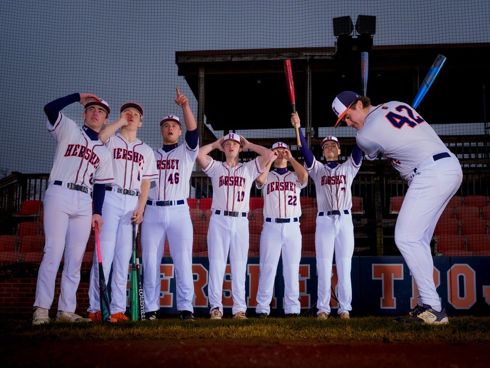 Hershey High School baseball team media day group portrait on field, by Deanna Fox, SportsFox Photography based in Hershey PA