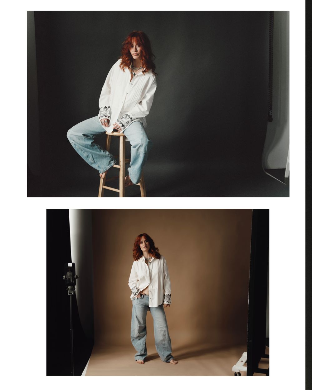 Red-haired woman in white shirt and jeans poses in two studio shots.