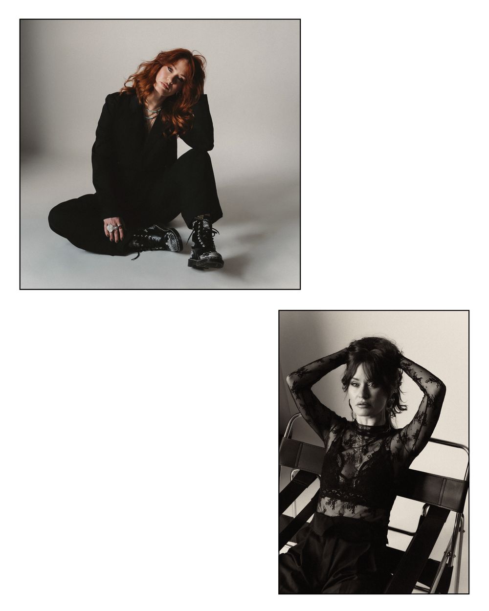 Two fashion editorial photos showing a redhead in black suit seated on floor and a woman in lace top posing on chair.