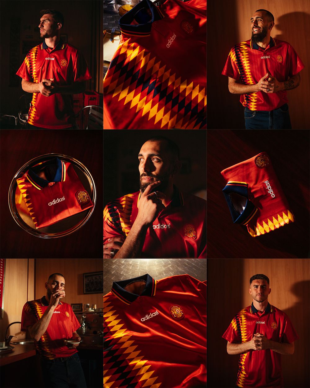 Man wearing retro Adidas Spain football jersey in red and gold geometric pattern, modeled in dramatic lighting.