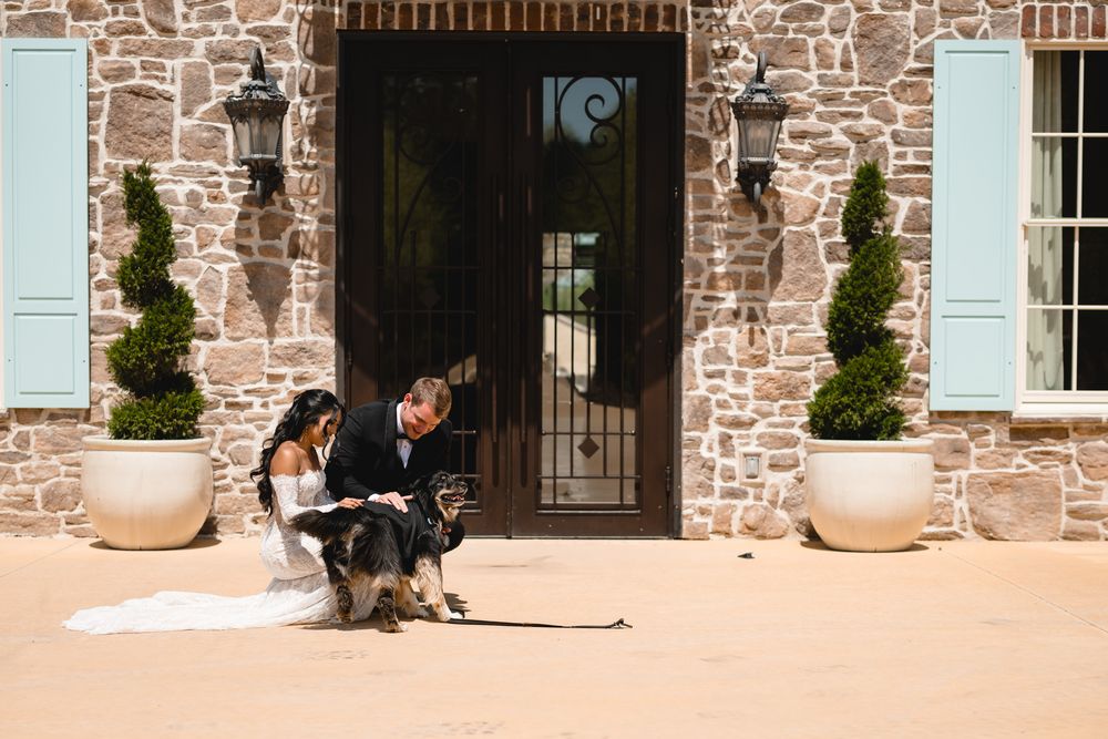Bride and groom sitting with German Shepherd dog outside stone building on wedding day.