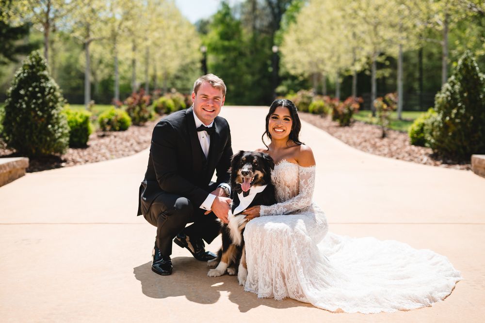 Smiling bride and groom kneel with their dressed-up dog on a sunny outdoor pathway surrounded by trees.