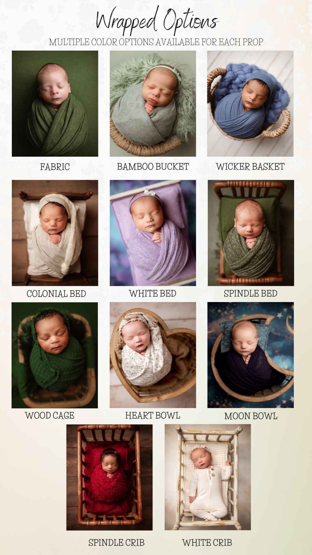 Newborn baby wrapped in colorful fabrics posed in various props including baskets, beds, bowls, and cribs for photography.