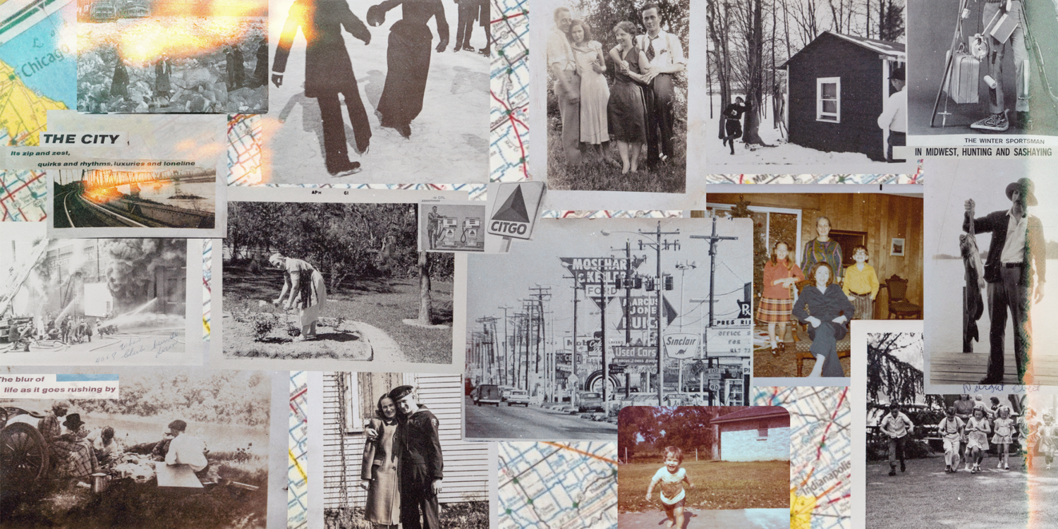 A vintage collage of black-and-white historical photos, maps, and city scenes arranged on a colorful background.