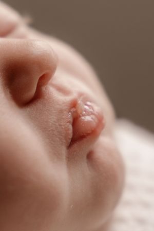 Close-up macro photo of a sleeping newborn baby's nose and lips, showing delicate skin details.