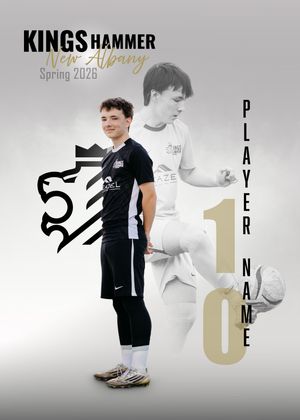 Kings Hammer New Albany Spring 2026 soccer player #10 posing in black uniform with lion logo on gray background.