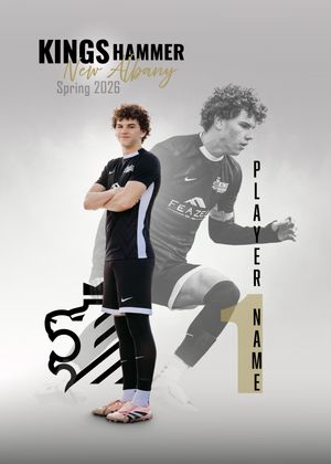 Kings Hammer New Albany Spring 2026 soccer player card featuring a young male athlete in black uniform with customizable player name.
