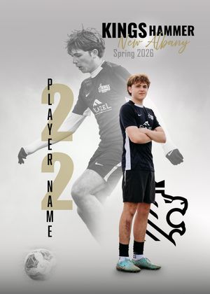 Kings Hammer New Albany Spring 2026 soccer player #22 posing in black and white uniform on gray background.