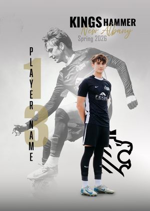 Kings Hammer New Albany Spring 2026 soccer player card featuring jersey number 13 with player name placeholder.