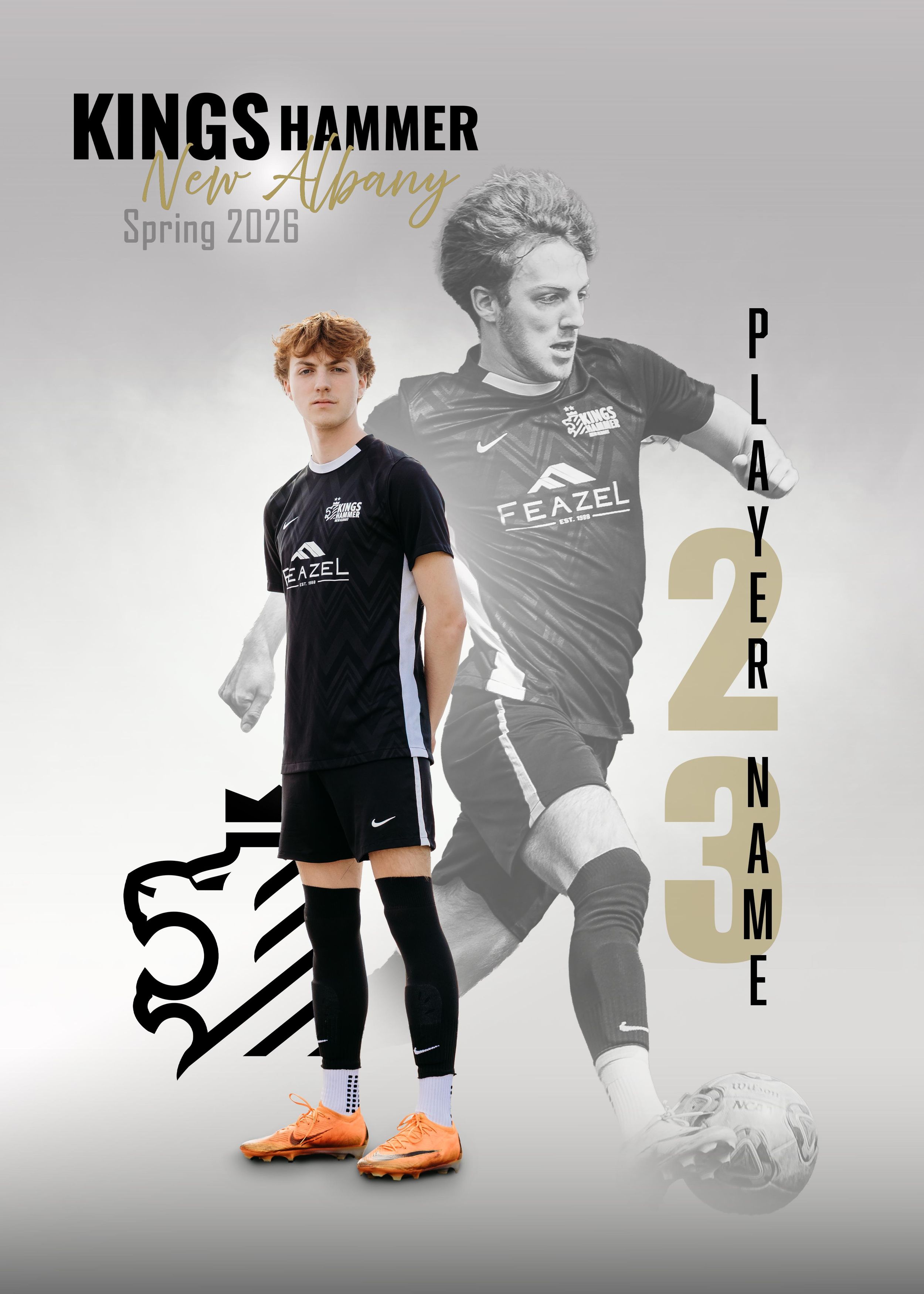 Kings Hammer New Albany Spring 2026 soccer player #32 in black uniform with orange cleats on gray background.