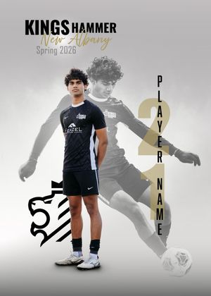 Kings Hammer New Albany Spring 2026 soccer player portrait card featuring a young male athlete in black uniform.