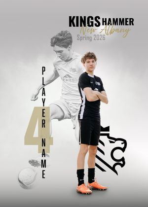 Kings Hammer New Albany Spring 2026 soccer player card featuring player number 4 in black uniform posing with lion logo.