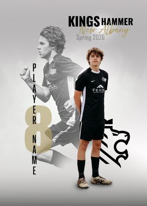 Kings Hammer New Albany Spring 2026 soccer player number 8 promotional sports card with lion logo.