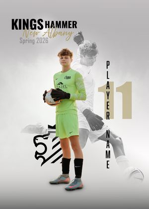 Kings Hammer New Albany Spring 2026 soccer player in green goalkeeper kit holding ball with number 1 jersey card.