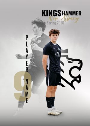 Kings Hammer New Albany Spring 2026 soccer player card featuring player number 9 in black uniform with lion logo backdrop.