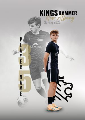 Kings Hammer New Albany Spring 2026 soccer player number 35 promotional sports card with lion logo.