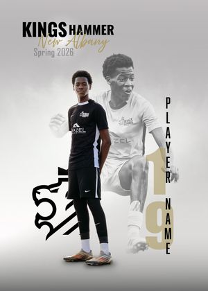 Kings Hammer New Albany Spring 2026 soccer player card featuring jersey number 19 in black and white uniform.