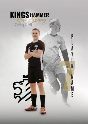 Kings Hammer New Albany Spring 2026 soccer player in black uniform with number 7 player card and lion logo.