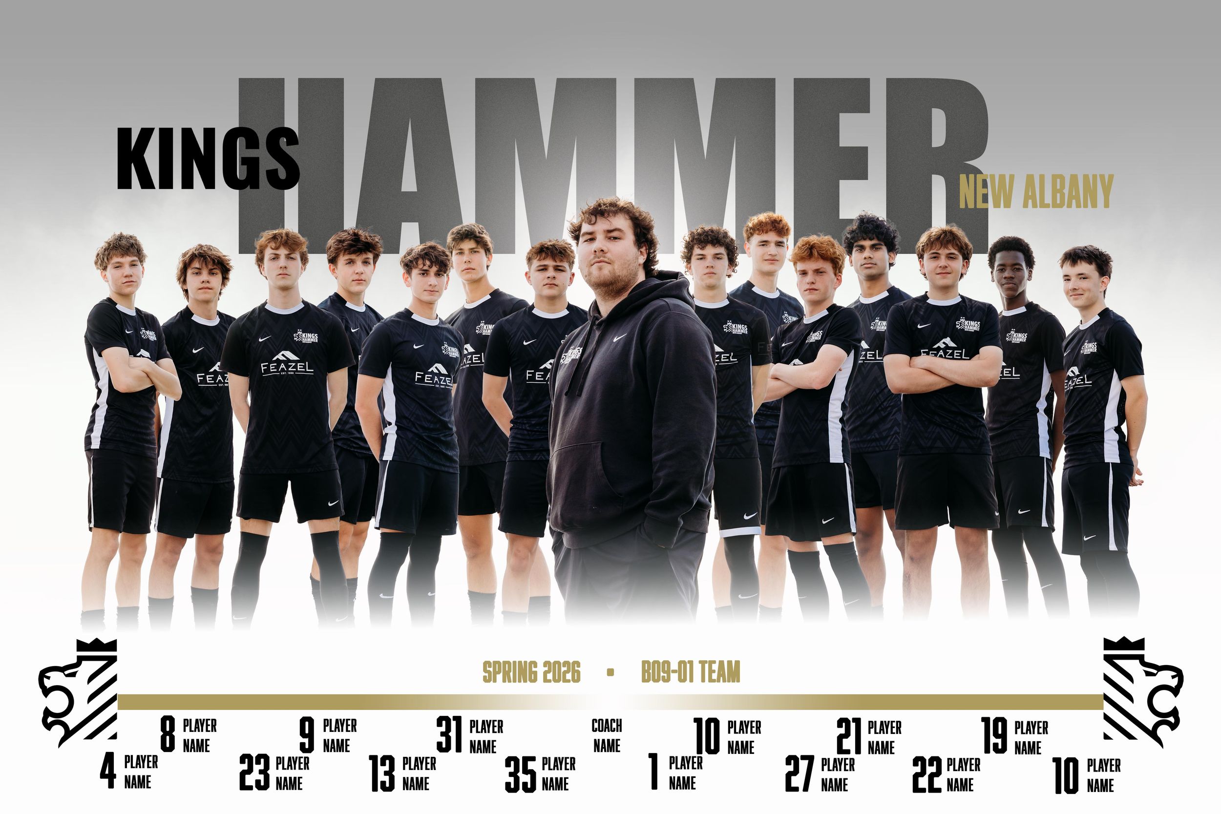 Kings Hammer New Albany Spring 2025 800-01 team photo featuring players in dark uniforms posed outdoors.