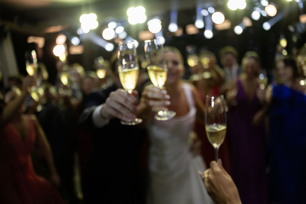 Wedding guests raising champagne glasses in a celebratory toast at a reception, with bride in white dress visible.