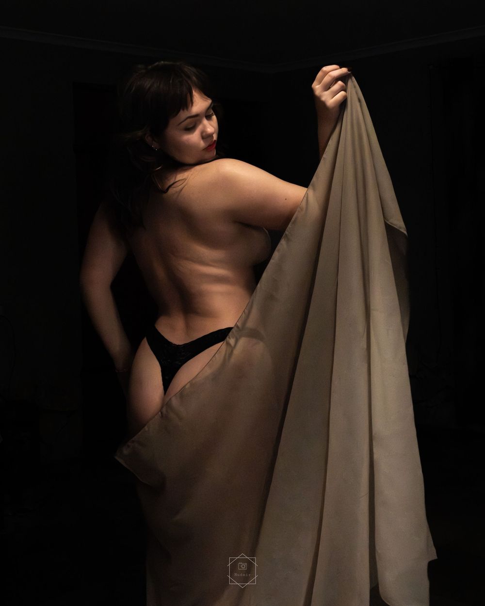 A woman poses with her back to camera, draped in sheer fabric against a dark background, wearing black underwear.