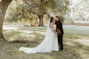 Bride and groom sharing a kiss under a large oak tree in a sunlit garden.