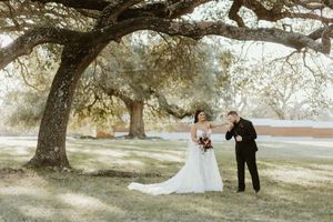 Bride and groom share a tender moment under a large oak tree in sunlit outdoor wedding portrait.