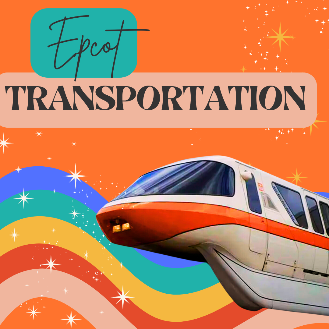 Retro-styled illustration of Disney World monorail with Epcot text and rainbow waves on orange background.