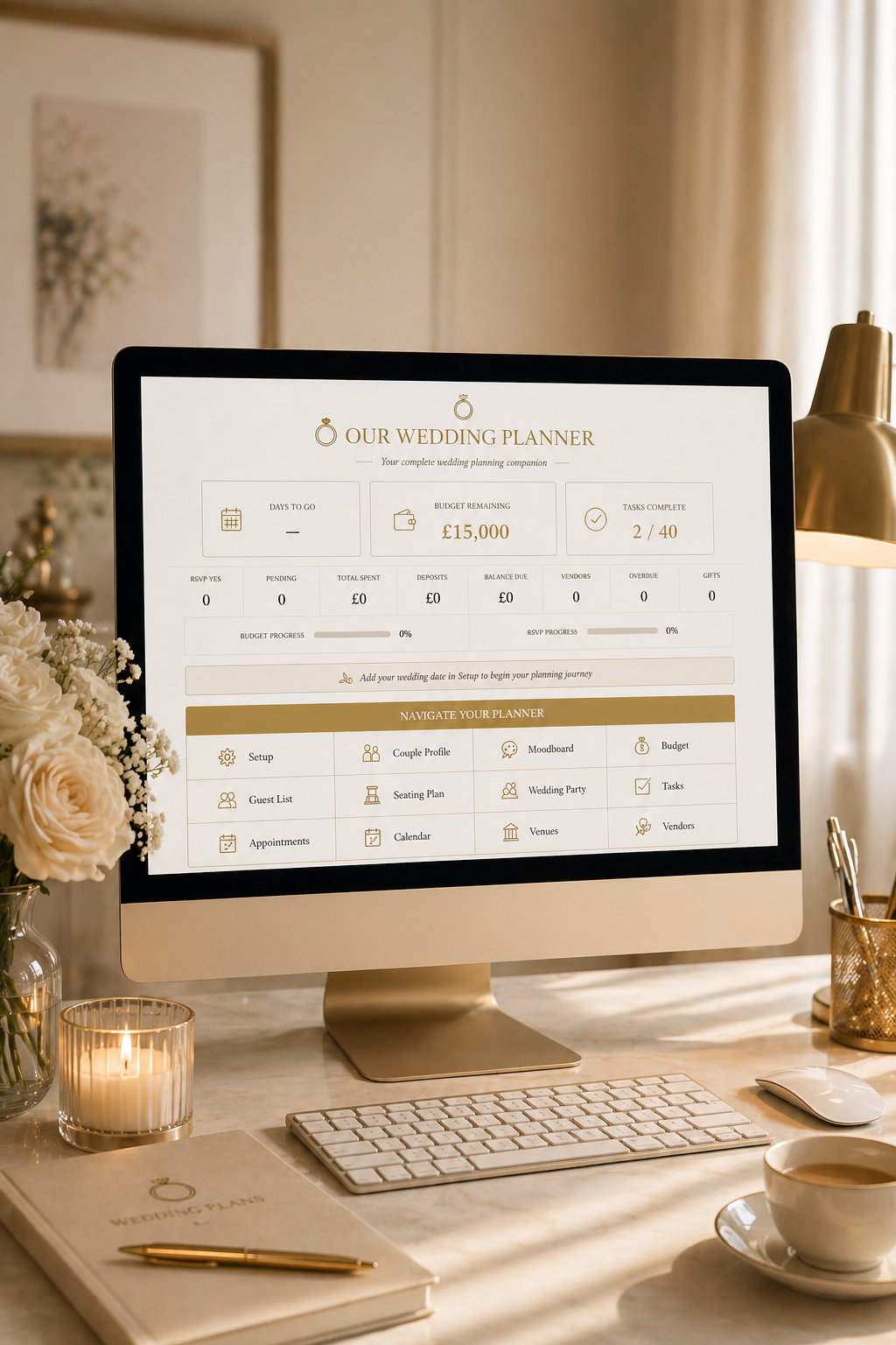 Elegant wedding planner website displayed on a gold iMac desktop computer in a warm, luxurious home office setting.