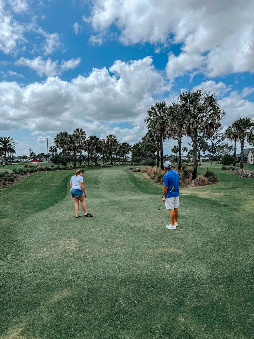 Two golfers standing on a fairway lined with palm trees on a sunny day at a tropical golf course.