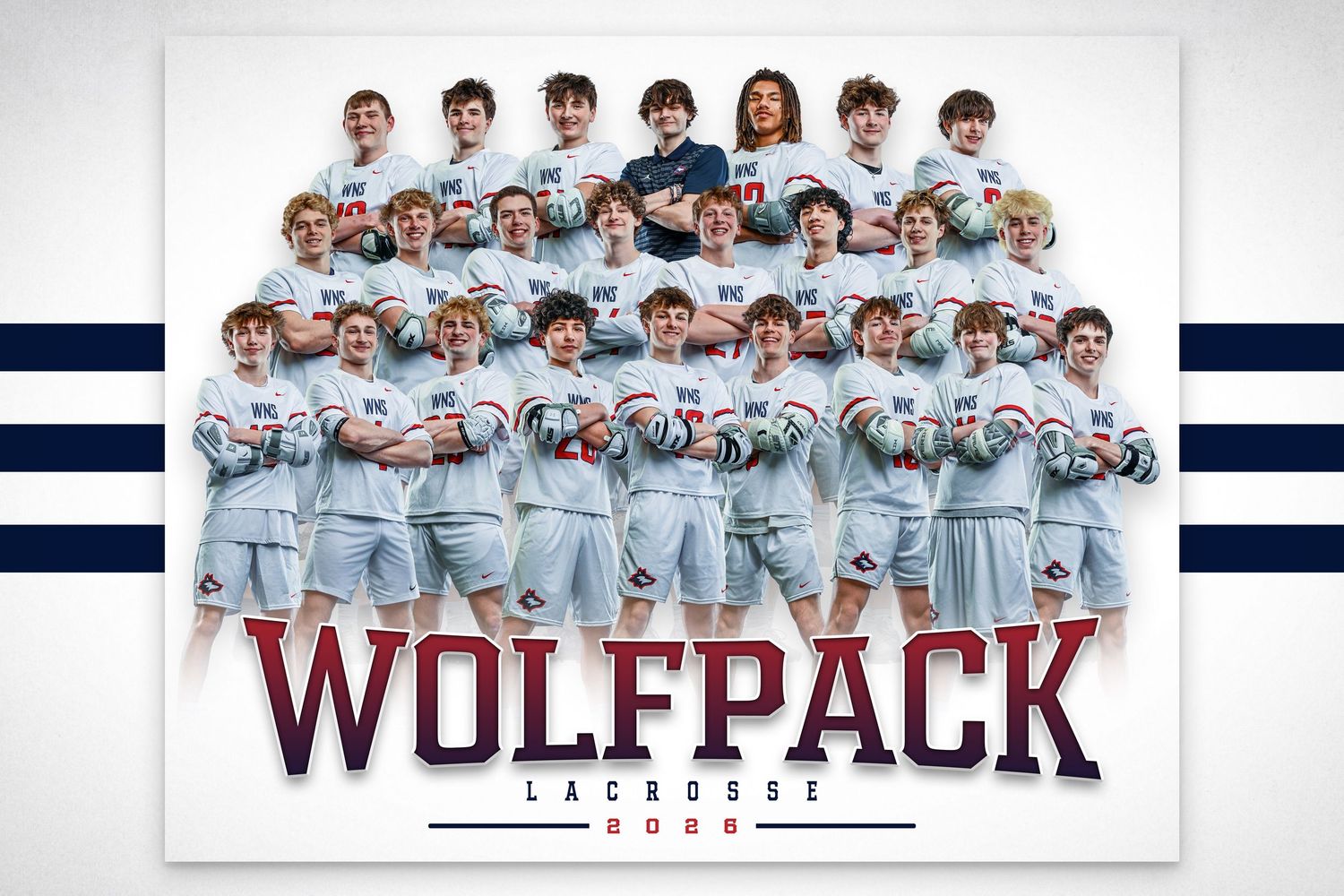 Wolfpack Lacrosse 2026 team photo featuring players in white uniforms posed in rows for official portrait.